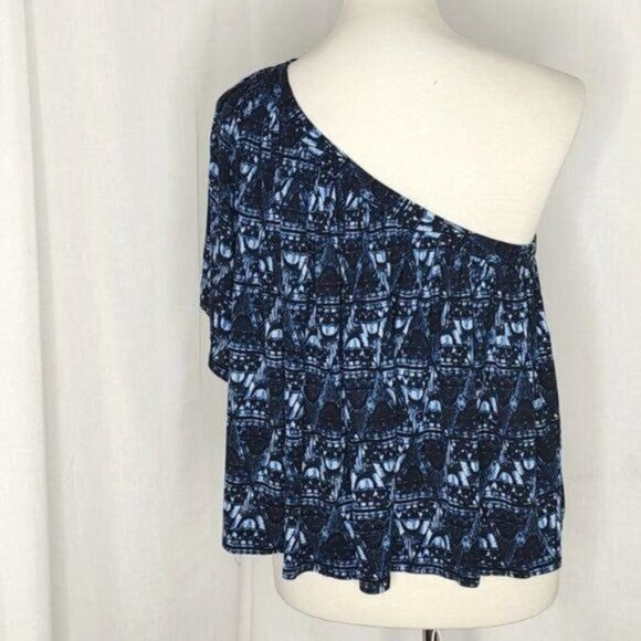 Free People Top S One Shoulder Ocean Avenue Swing CropTop Tee Ikat Geo Blue - Picture 5 of 11